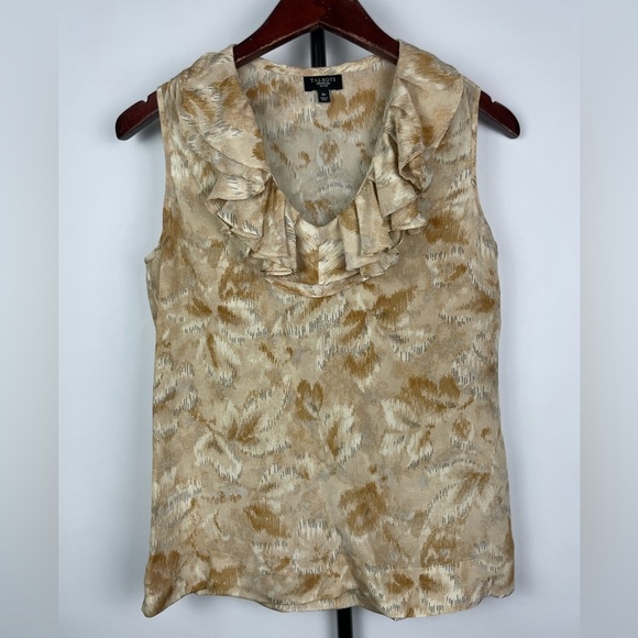 Talbots Tan Abstract Print Sleeveless Satin 100% Silk Ruffle Neckline Blouse - Picture 1 of 5